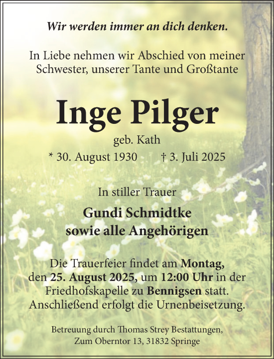 Traueranzeige von Inge Pilger von Neue Deister-Zeitung