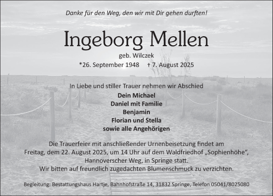 Traueranzeige von Ingeborg Mellen von Neue Deister-Zeitung