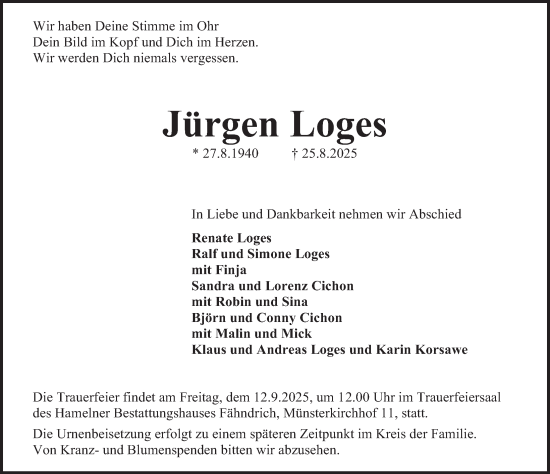 Traueranzeige von Jürgen Loges von Deister- und Weserzeitung
