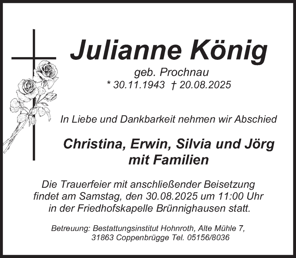  Traueranzeige für Julianne König vom 23.08.2025 aus Deister- und Weserzeitung