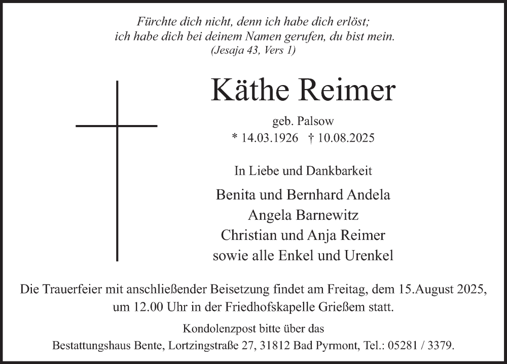  Traueranzeige für Käthe Reimer vom 13.08.2025 aus Deister- und Weserzeitung