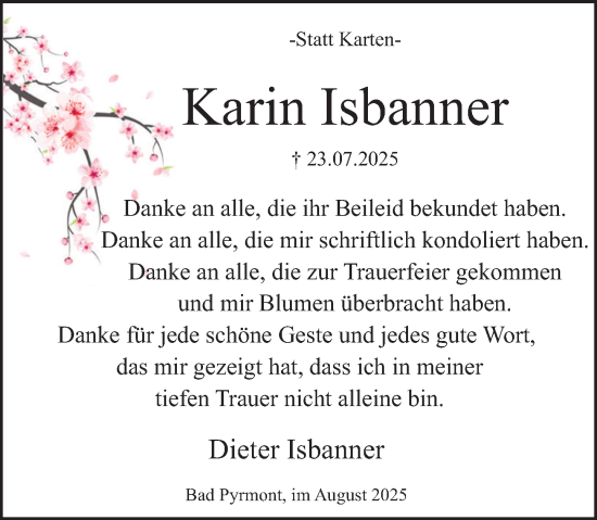 Traueranzeige von Karin Isbanner von Deister- und Weserzeitung