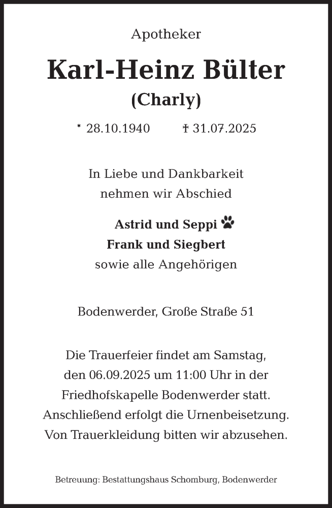  Traueranzeige für Karl-Heinz Bülter vom 16.08.2025 aus Deister- und Weserzeitung