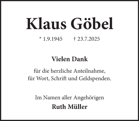 Traueranzeige von Klaus Göbel von Neue Deister-Zeitung