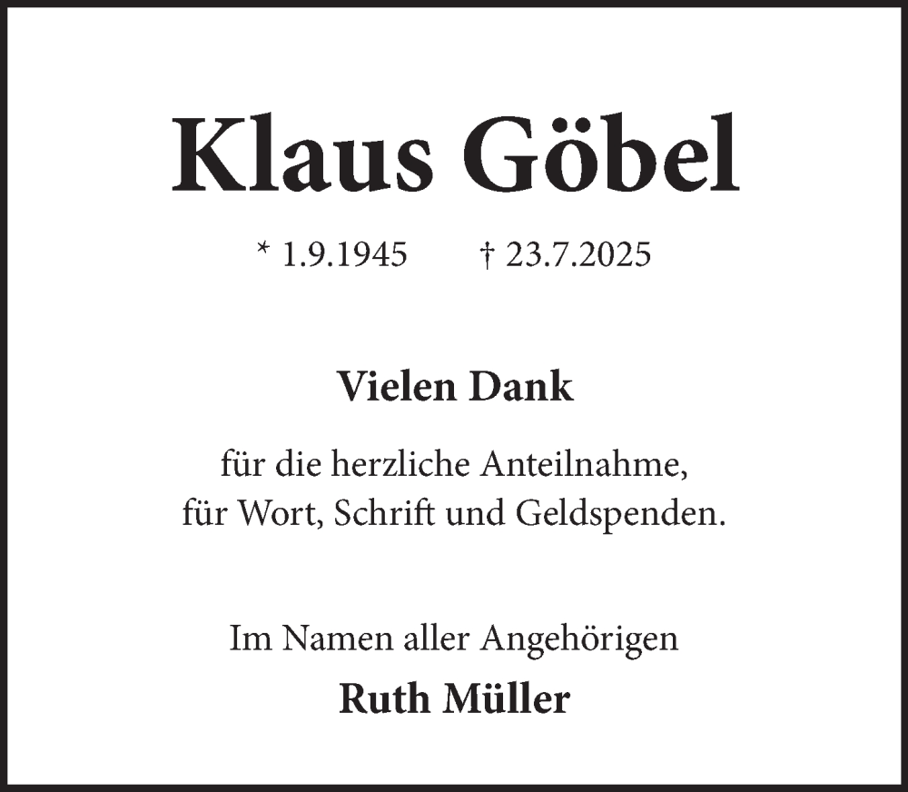  Traueranzeige für Klaus Göbel vom 23.08.2025 aus Neue Deister-Zeitung