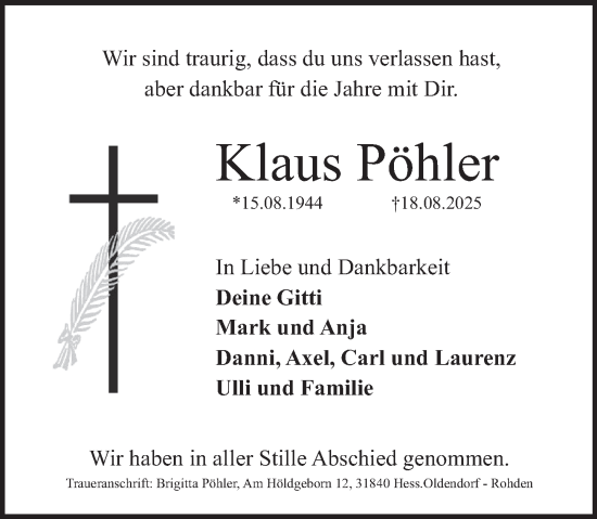 Traueranzeige von Klaus Pöhler von Deister- und Weserzeitung