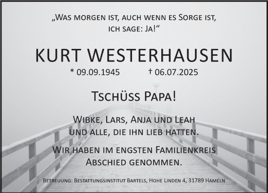 Traueranzeige von Kurt Westerhausen von Deister- und Weserzeitung