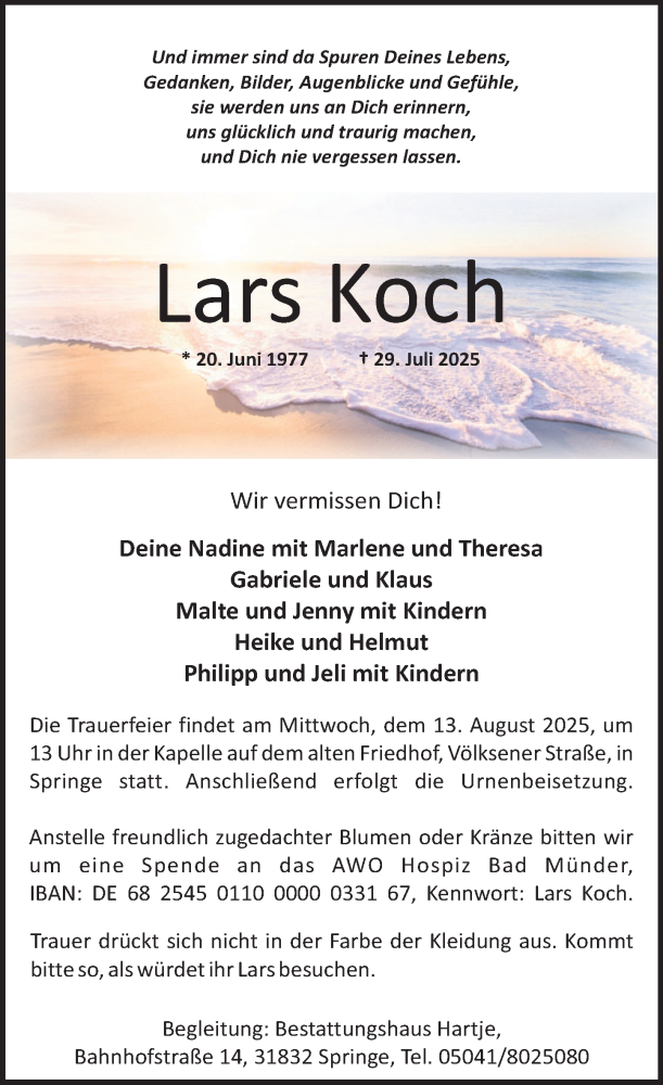  Traueranzeige für Lars Koch vom 09.08.2025 aus Neue Deister-Zeitung