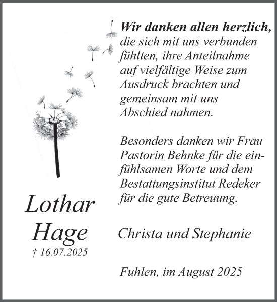 Traueranzeige von Lothar Hage von Deister- und Weserzeitung