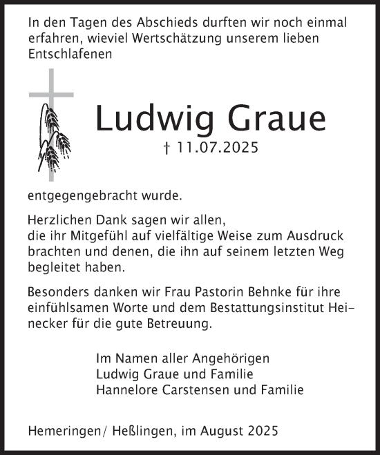 Traueranzeige von Ludwig Graue von Deister- und Weserzeitung