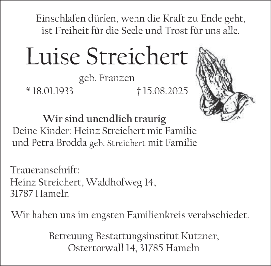 Traueranzeige von Luise Streichert von Deister- und Weserzeitung