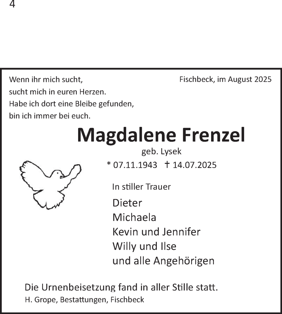  Traueranzeige für Magdalene Frenzel vom 09.08.2025 aus Deister- und Weserzeitung