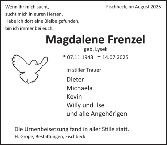 Traueranzeige von Magdalene Frenzel von Deister- und Weserzeitung