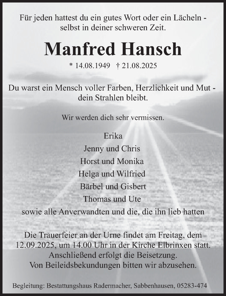  Traueranzeige für Manfred Hansch vom 06.09.2025 aus Deister- und Weserzeitung