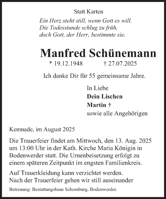 Traueranzeige von Manfred Schünemann von Deister- und Weserzeitung