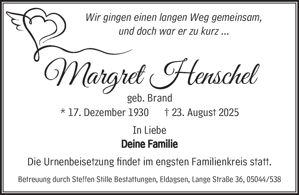  Traueranzeige für Margret Henschel vom 30.08.2025 aus Neue Deister-Zeitung