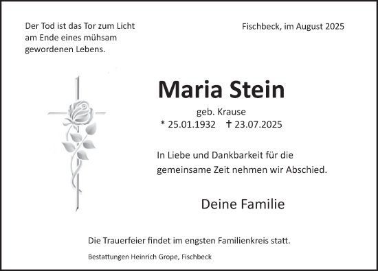 Traueranzeige von Maria Stein von Deister- und Weserzeitung