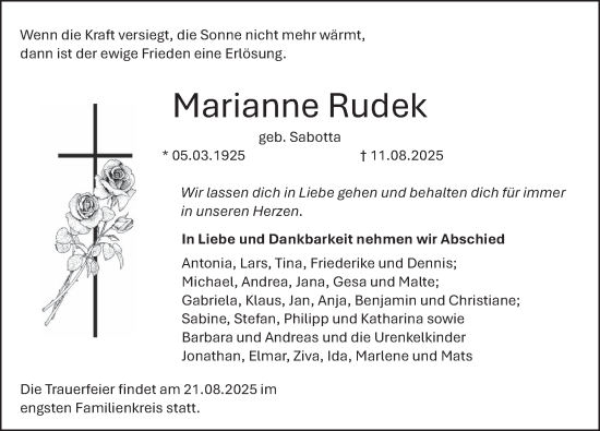 Traueranzeige von Marianne Rudek von Deister- und Weserzeitung