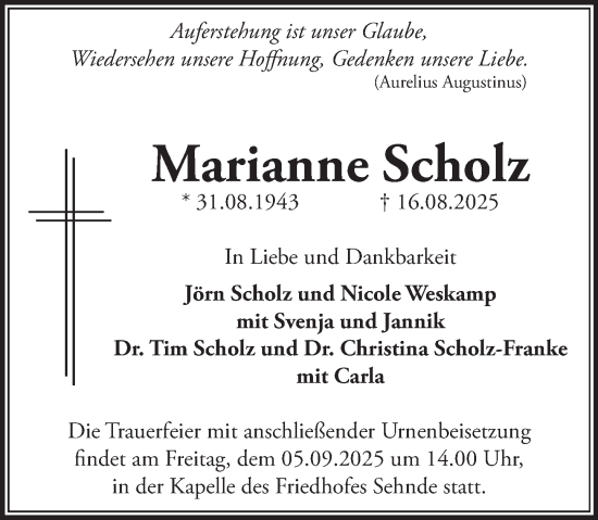 Traueranzeige von Marianne Scholz von Deister- und Weserzeitung