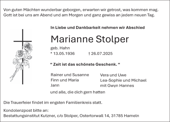 Traueranzeige von Marianne Stolper von Deister- und Weserzeitung
