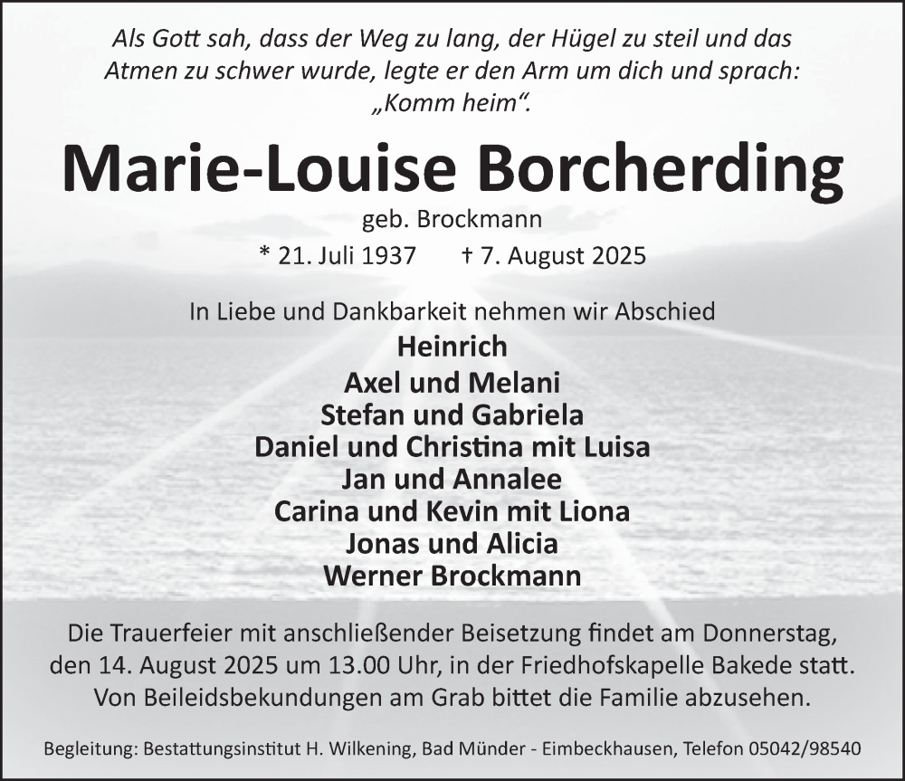  Traueranzeige für Marie-Louise Borcherding vom 09.08.2025 aus Neue Deister-Zeitung