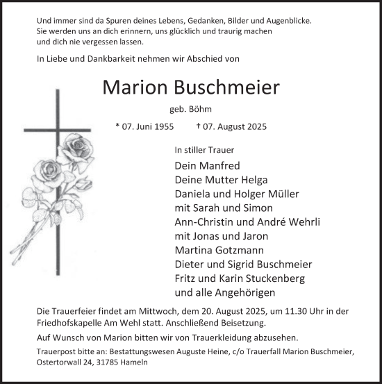 Traueranzeige von Marion Buschmeier von Deister- und Weserzeitung
