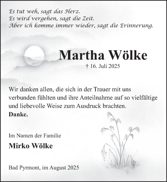 Traueranzeige von Martha Wölke von Deister- und Weserzeitung