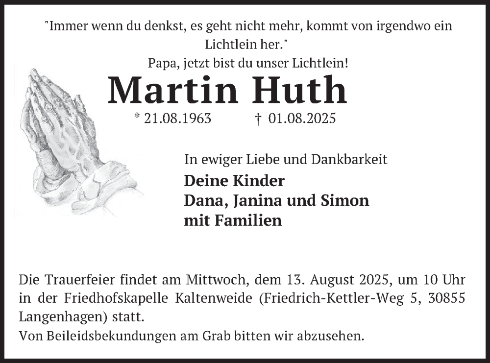  Traueranzeige für Martin Huth vom 09.08.2025 aus Neue Deister-Zeitung