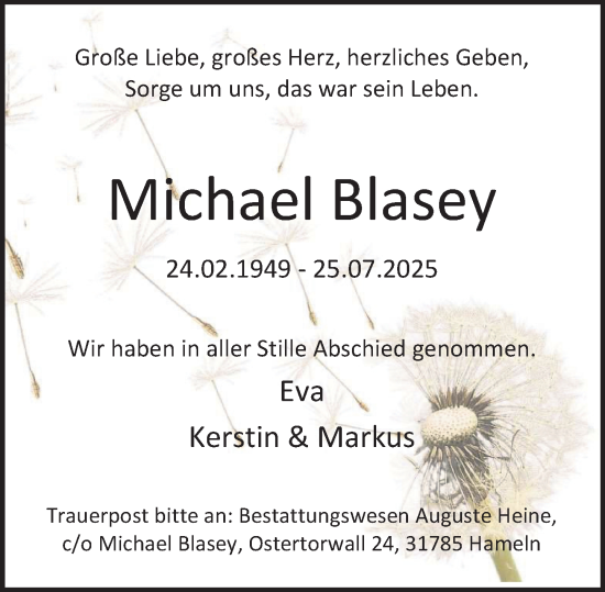 Traueranzeige von Michael Blasey von Deister- und Weserzeitung