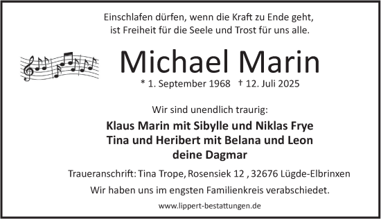 Traueranzeige von Michael Marin von Deister- und Weserzeitung