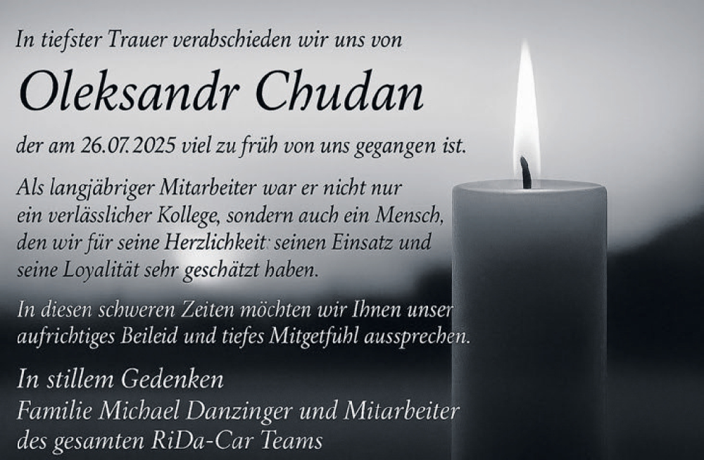  Traueranzeige für Oleksandr Chudan vom 09.08.2025 aus Deister- und Weserzeitung