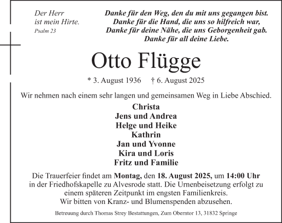 Traueranzeige von Otto Flügge von Neue Deister-Zeitung