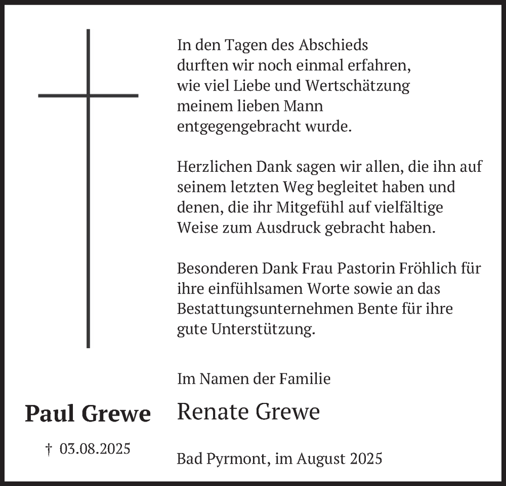  Traueranzeige für Paul Grewe vom 23.08.2025 aus Deister- und Weserzeitung