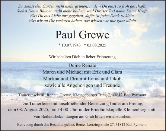 Traueranzeige von Paul Grewe von Deister- und Weserzeitung