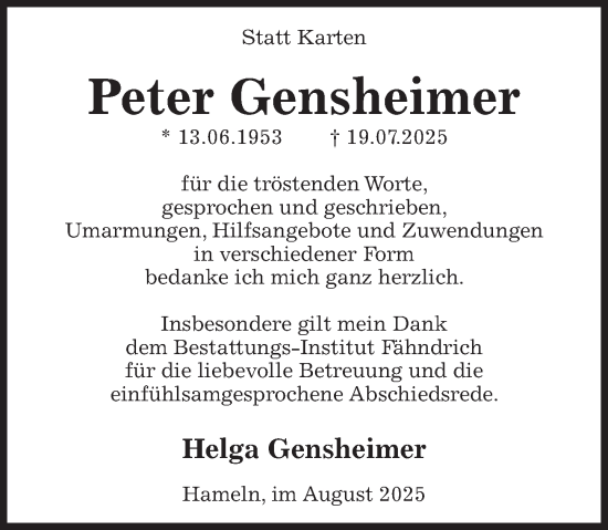 Traueranzeige von Peter Gensheimer von Deister- und Weserzeitung