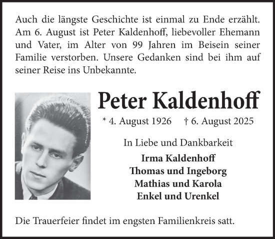 Traueranzeige von Peter Kaldenhoff von Neue Deister-Zeitung