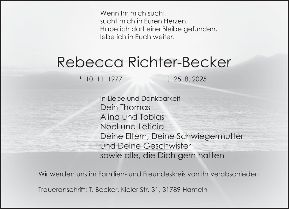  Traueranzeige für Rebecca Richter-Becker vom 30.08.2025 aus Deister- und Weserzeitung