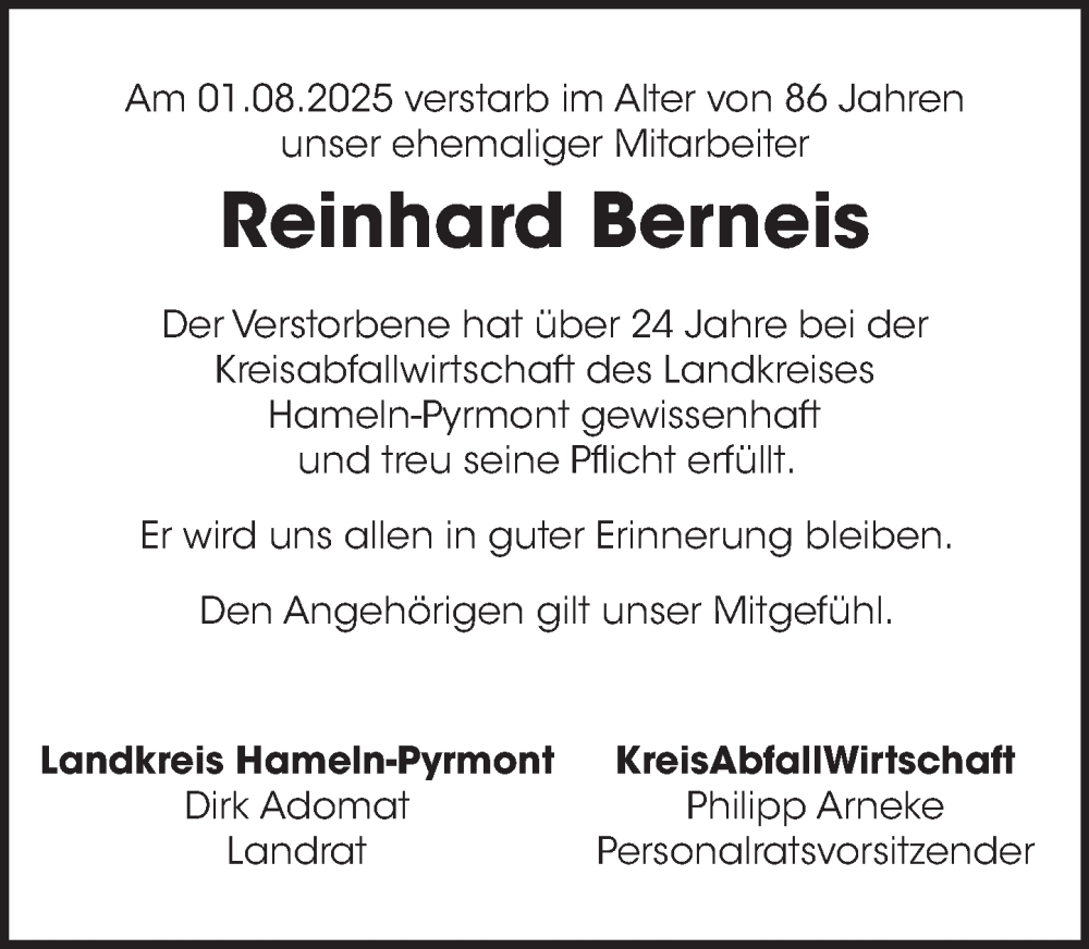  Traueranzeige für Reinhard Berneis vom 23.08.2025 aus Deister- und Weserzeitung