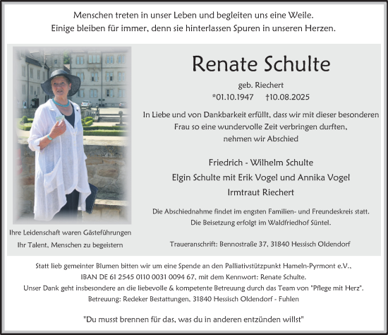 Traueranzeige von Renate Schulte von Deister- und Weserzeitung