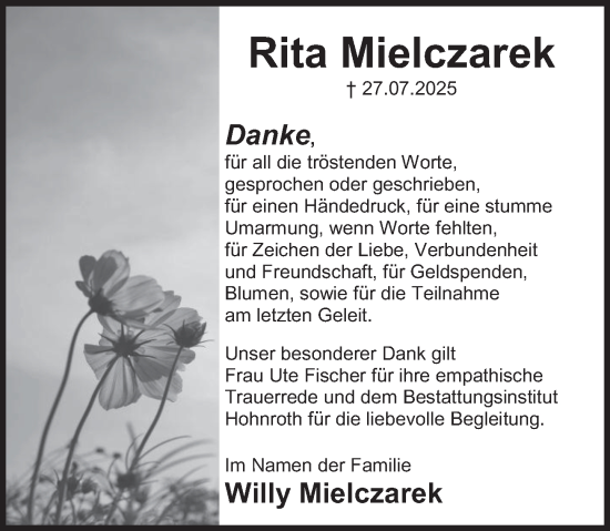 Traueranzeige von Rita Mielczarek von Deister- und Weserzeitung