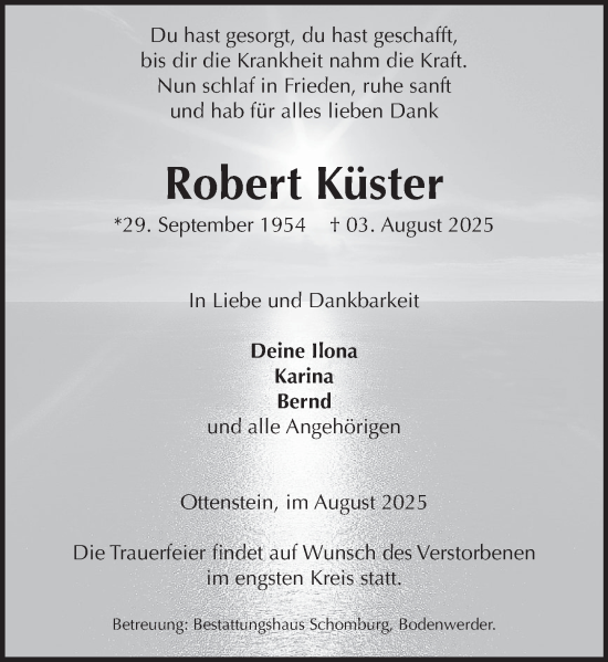 Traueranzeige von Robert Küster von Deister- und Weserzeitung