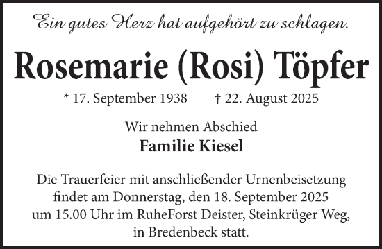 Traueranzeige von Rosemarie Töpfer von Neue Deister-Zeitung