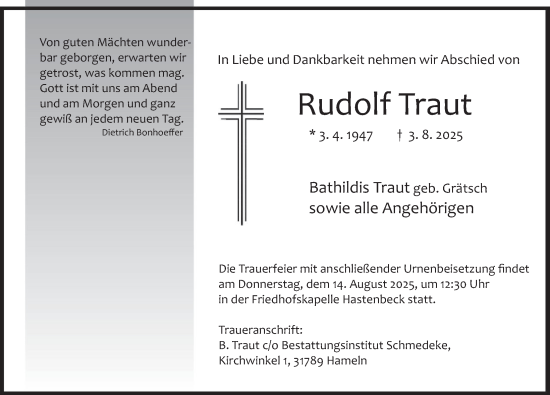 Traueranzeige von Rudolf Traut von Deister- und Weserzeitung