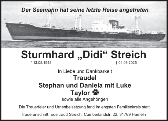 Traueranzeige von Sturmhard Streich von Deister- und Weserzeitung