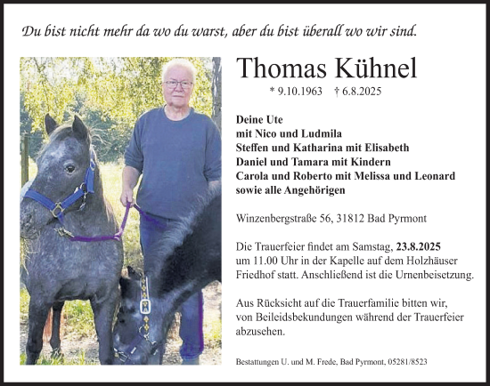 Traueranzeige von Thomas Kühnel von Deister- und Weserzeitung