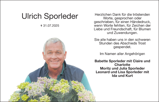 Traueranzeige von Ulrich Sporleder von Deister- und Weserzeitung