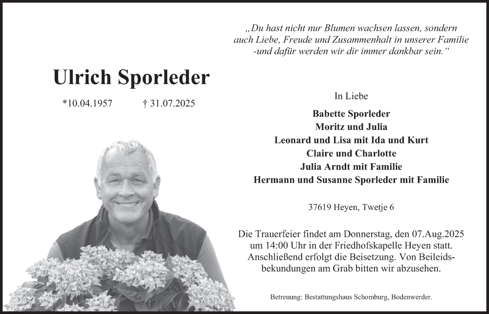  Traueranzeige für Ulrich Sporleder vom 05.08.2025 aus Deister- und Weserzeitung