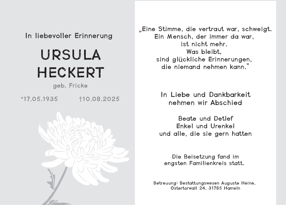  Traueranzeige für Ursula Heckert vom 23.08.2025 aus Deister- und Weserzeitung