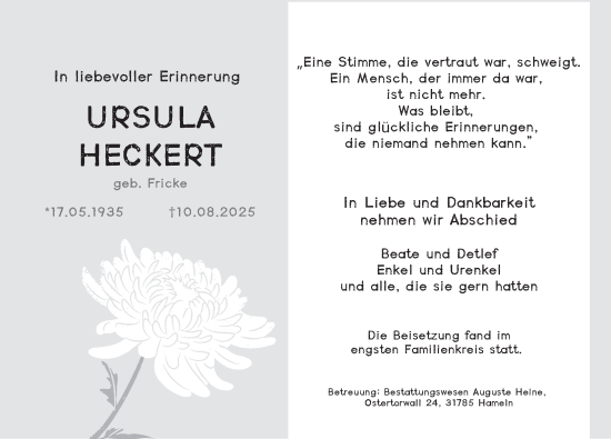 Traueranzeige von Ursula Heckert von Deister- und Weserzeitung