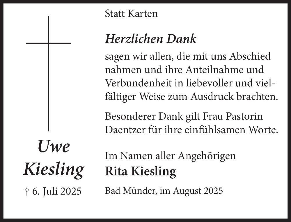  Traueranzeige für Uwe Kiesling vom 09.08.2025 aus Deister- und Weserzeitung
